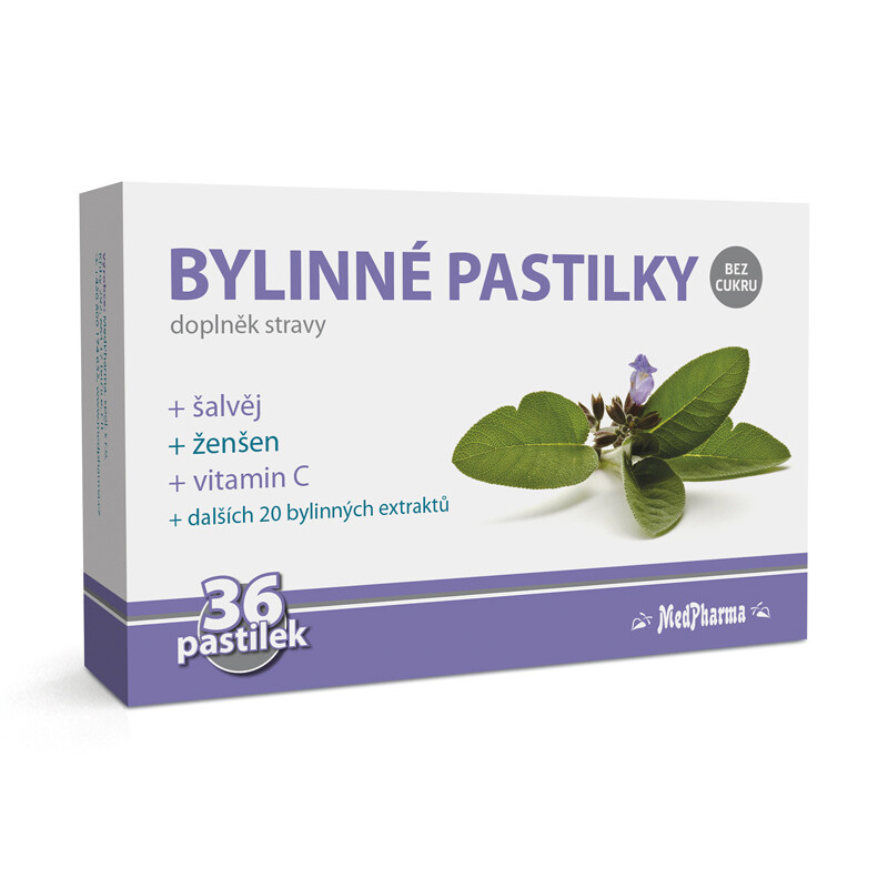 MedPharma Bylinné pastilky bez cukru, šalvěj, ženšen, 36 pastilek