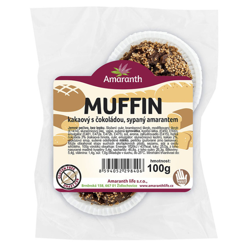 AMARANTH Bezlepkový muffin kakaový s čokoládou sypaný amarantem 2 kusy