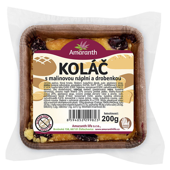 AMARANTH Bezlepkový koláč třený s malinovou náplní a drobenkou 200 g