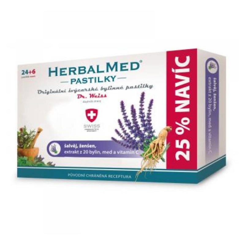 Dr. Weiss HerbalMed Šalvěj + ženšen + vitamin C, 24+6 pastilek