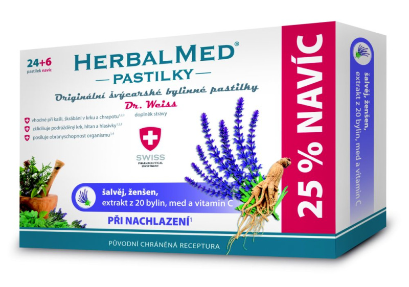 Dr. Weiss HerbalMed Šalvěj + ženšen + vitamin C, 24+6 pastilek