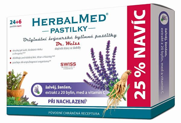 Dr. Weiss HerbalMed Šalvěj + ženšen + vitamin C, 24+6 pastilek