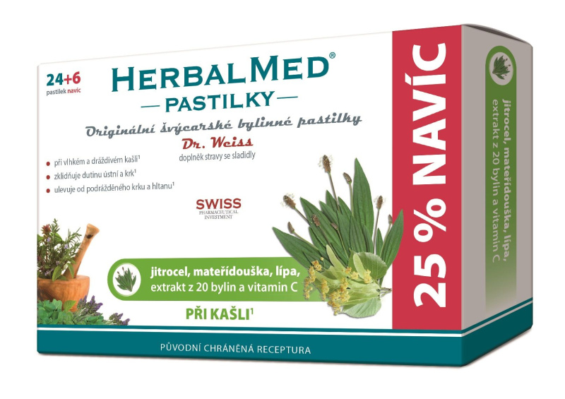 Dr. Weiss HerbalMed Jitrocel+mateřídouška+lípa+ vitamin C, 24+6 pastilek