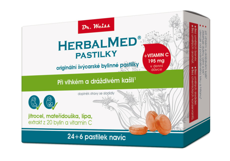 Dr. Weiss HerbalMed Jitrocel+mateřídouška+lípa+ vitamin C, 24+6 pastilek