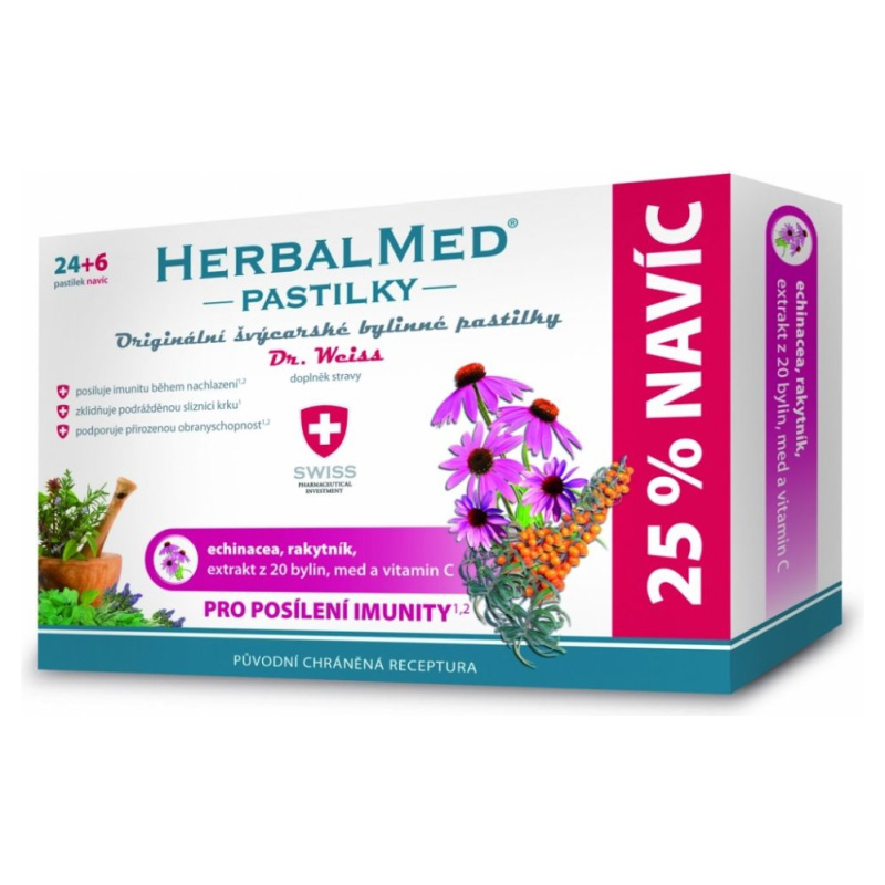 Dr. Weiss HerbalMed Echinacea + rakytník + vitamin C, 24+6 pastilek