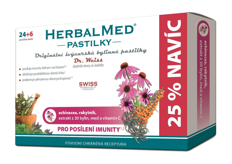 Dr. Weiss HerbalMed Echinacea + rakytník + vitamin C, 24+6 pastilek