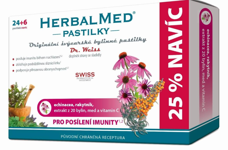 Dr. Weiss HerbalMed Echinacea + rakytník + vitamin C, 24+6 pastilek