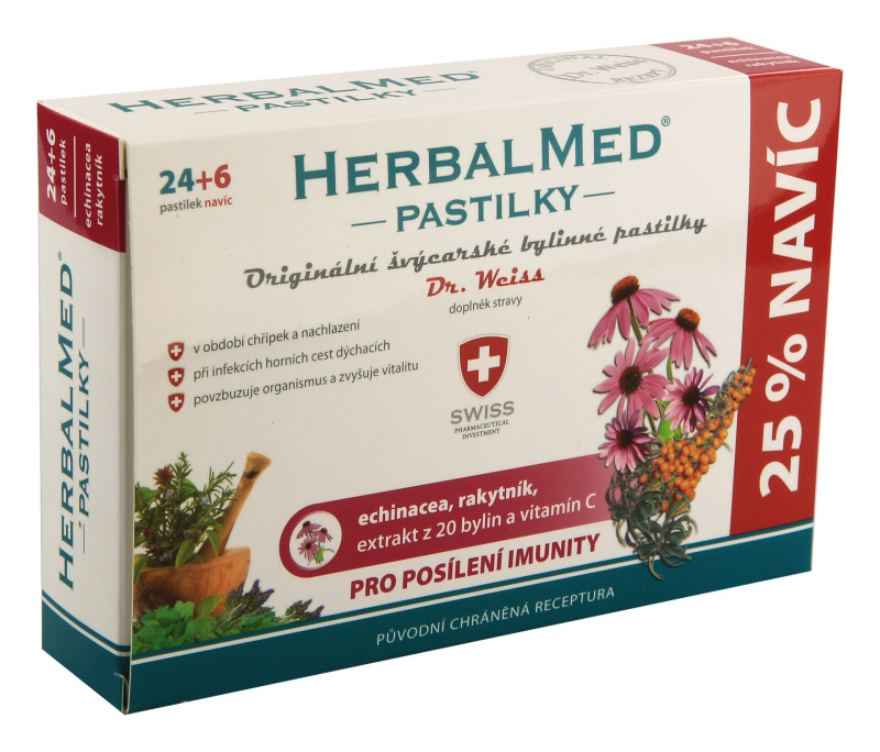 Dr. Weiss HerbalMed Echinacea + rakytník + vitamin C, 24+6 pastilek
