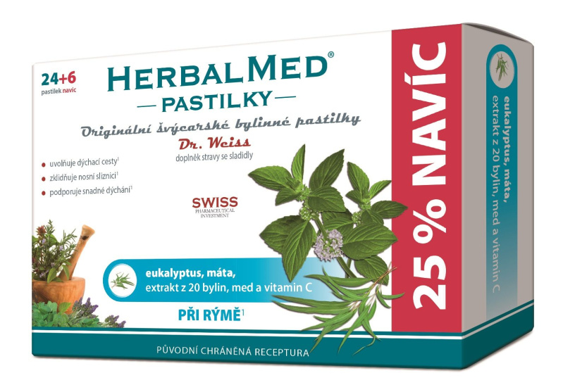 Dr. Weiss HerbalMed Eukalyptus + máta + vitamin C, 24+6 pastilek