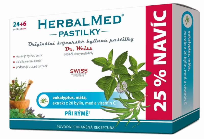Dr. Weiss HerbalMed Eukalyptus + máta + vitamin C, 24+6 pastilek