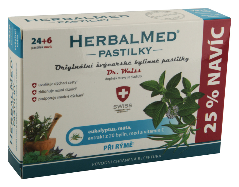 Dr. Weiss HerbalMed Eukalyptus + máta + vitamin C, 24+6 pastilek