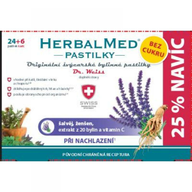 Dr. Weiss HerbalMed Šalvěj + ženšen + vitamin C BEZ CUKRU, 24+6 pastilek