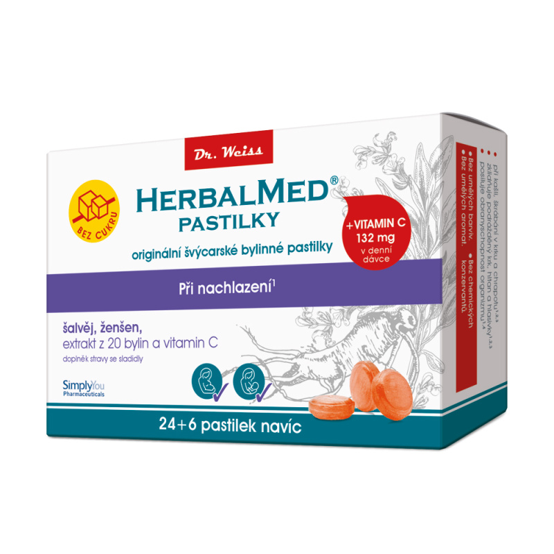 Dr. Weiss HerbalMed Šalvěj + ženšen + vitamin C BEZ CUKRU, 24+6 pastilek