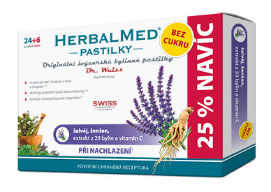 Dr. Weiss HerbalMed Šalvěj + ženšen + vitamin C BEZ CUKRU, 24+6 pastilek