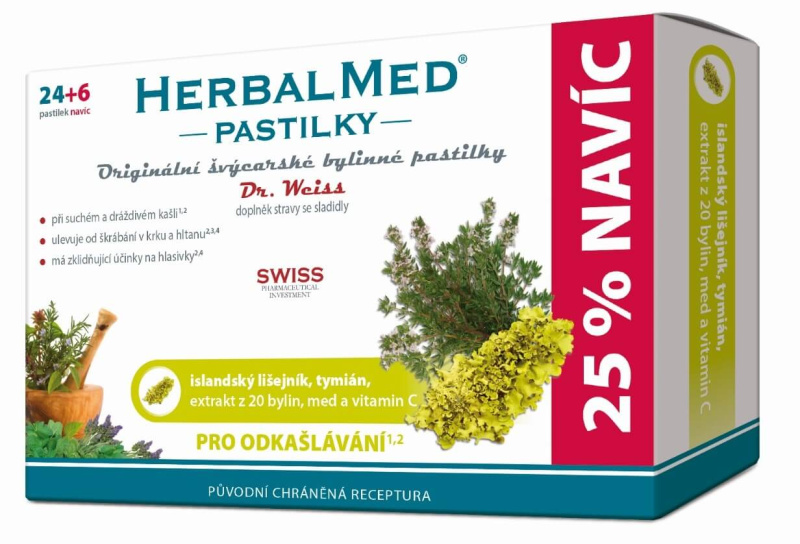 Dr. Weiss HerbalMed Lišejník+tymián+med+ vitamin C, 24+6 pastilek