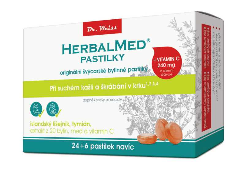 Dr. Weiss HerbalMed Lišejník+tymián+med+ vitamin C, 24+6 pastilek
