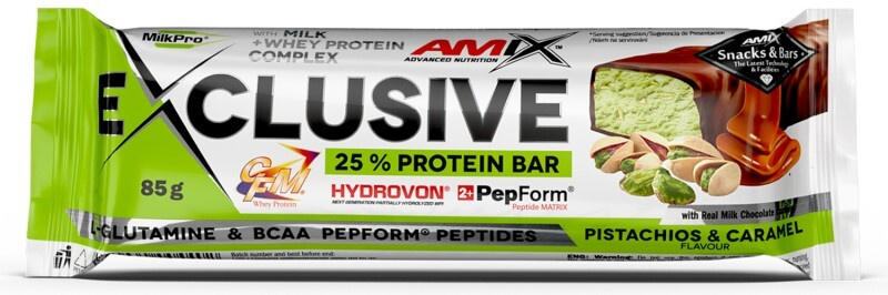 AMIX Exclusive Protein Bar, 85 g Příchuť: Pistácie/Karamel