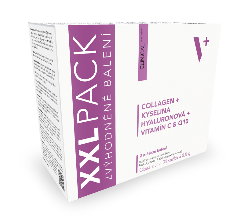 Clinical Collagen 5000 mg + kyselina hyaluronová + vitamín C & Q10 XXL pack jahoda 2x30 sáčků