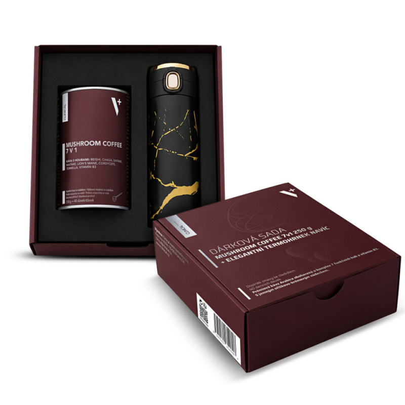 Clinical Dárková sada Mushroom Coffee 7v1 250 g + elegantní termohrnek