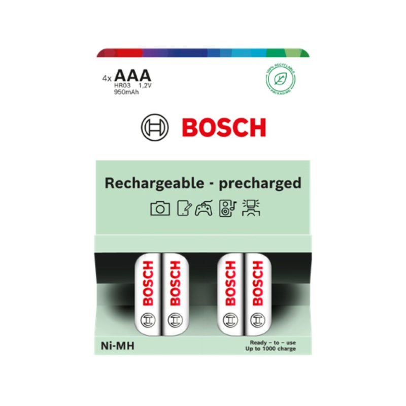 Bosch Rechargeable NiMh AAA HR03 950 mAh Precharged baterie 4 ks