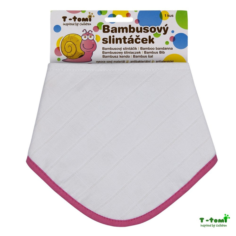 T-TOMI BIO Bambusový slintáček, white with pink edging / bílá s růžovým okrajem