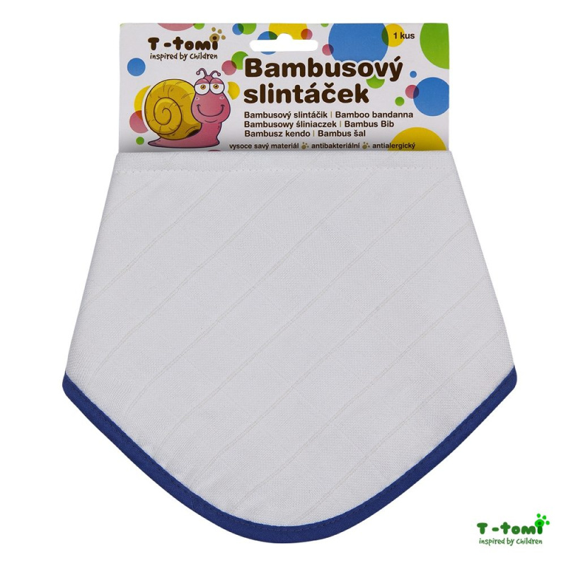 T-TOMI BIO Bambusový slintáček, white with blue edging / bílý s modrým okrajem