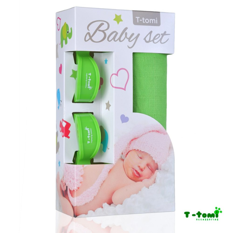 T-Tomi Baby SET Bambusová osuška barevná + kočárkový kolíček - BO zelená + KK zelený
