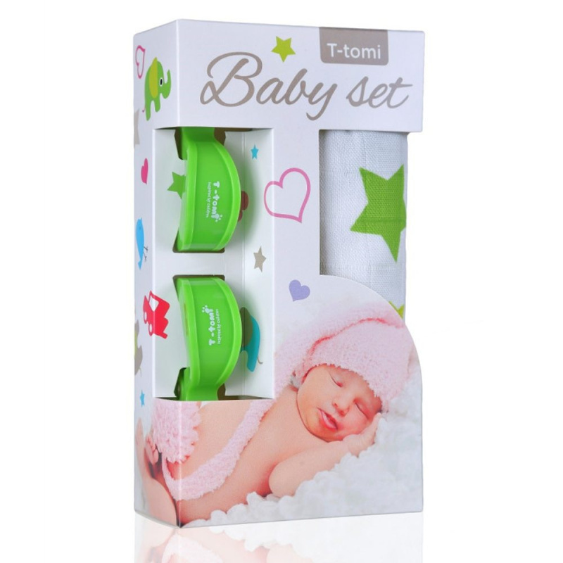 T-Tomi Baby SET Bambusová osuška s potiskem + kočárkový kolíček - green stars / zelené hvězdičky