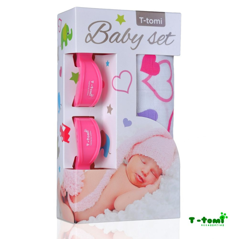 T-TOMI Baby set - bambusová osuška hearts / srdíčka + kočárkový kolíček pink / růžová