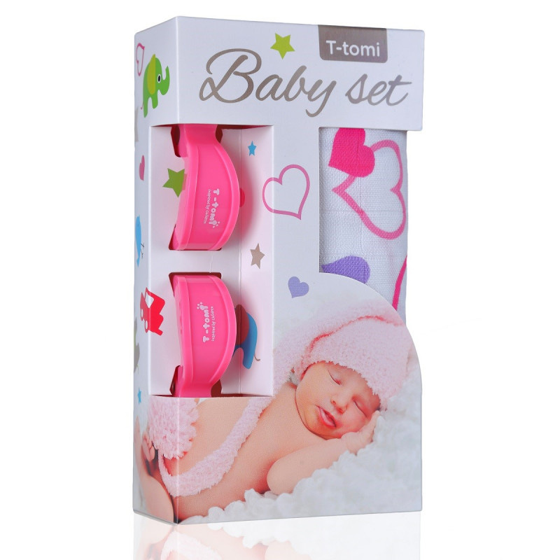 T-TOMI Baby set - bambusová osuška hearts / srdíčka + kočárkový kolíček pink / růžová