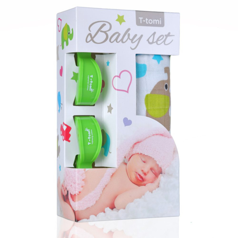 T-Tomi Baby SET Bambusová osuška s potiskem + kočárkový kolíček - zelení sloni  green / zelená