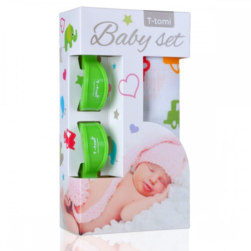 T-Tomi Baby SET Bambusová osuška s potiskem + kočárkový kolíček - cars / auta  green / zelená