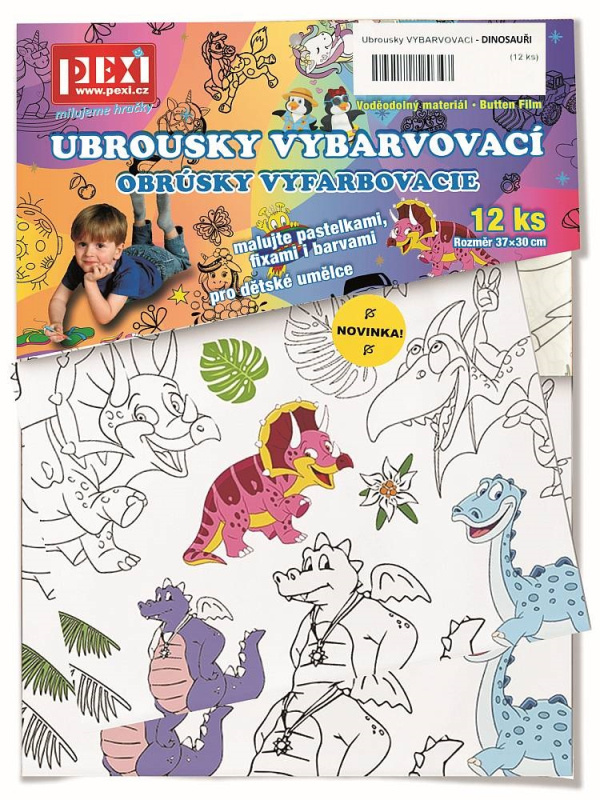 PEXI Ubrousky vybarvovací 12 ks dinosauři plast v sáčku 30x42x1cm