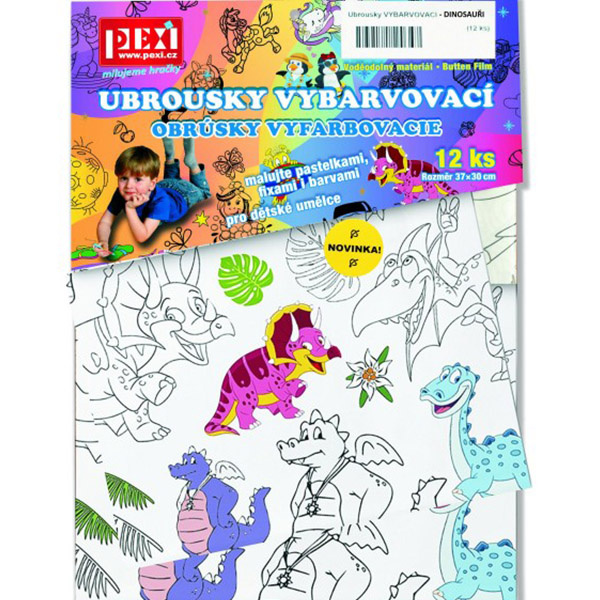 PEXI Ubrousky vybarvovací 12 ks dinosauři plast v sáčku 30x42x1cm