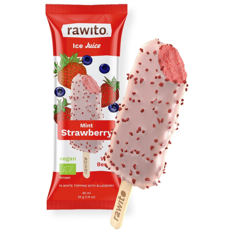 Rawito BIO Raw zmrzlina s jahodovou příchutí v čokoládě s borůvkami