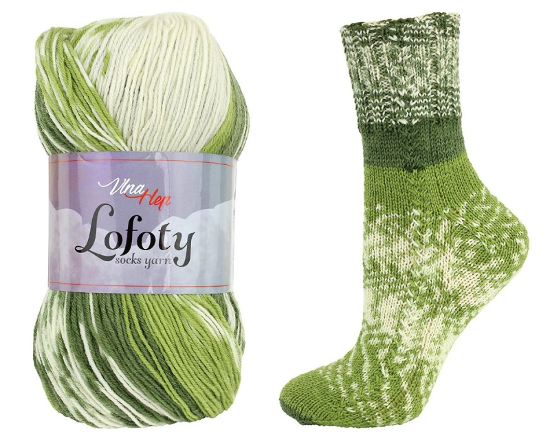 Pletací / háčkovací příze Vlna-Hep LOFOTY 7807 zeleno-bílá, vzorovaná, ponožková, 100g/420m