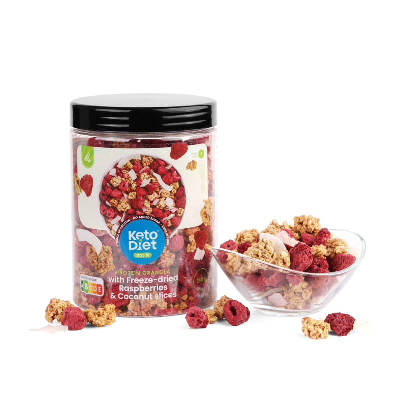 KetoDiet Proteinová granola - s lyofilizovanými malinami a plátky kokosu (250 g)