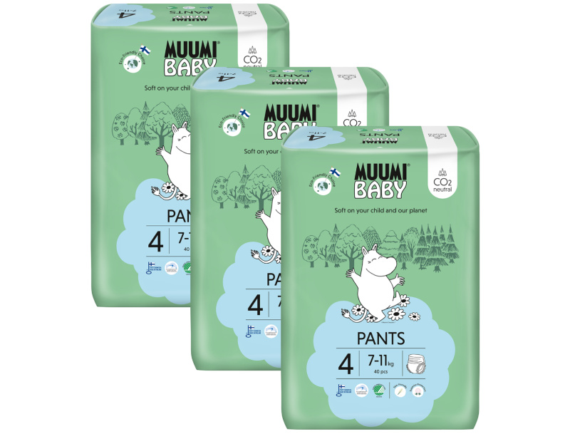 Muumi Baby Pants 4 Maxi 7-11 kg (120 ks), měsíční balení kalhotkových eko plen