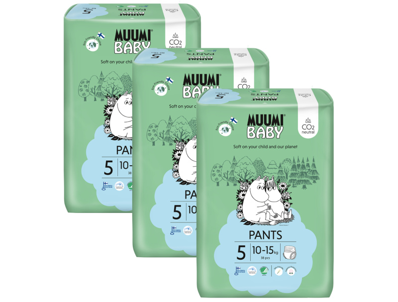 Muumi Baby Pants 5 Maxi+ 10-15 kg (114 ks), měsíční balení kalhotkových eko plen