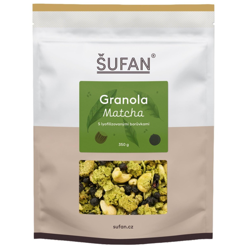 Šufan Granola 350 g - matcha s lyofilizovanými borůvkami