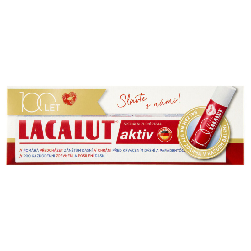 LACALUT Aktiv zubní pasta 75ml+balzám na rty 100 let edice