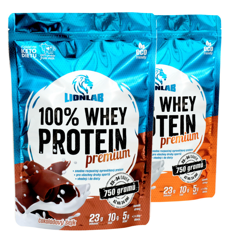Lionlab 100 % Whey Protein 750 g AKCE 1+1 čokoláda + slaný karamel