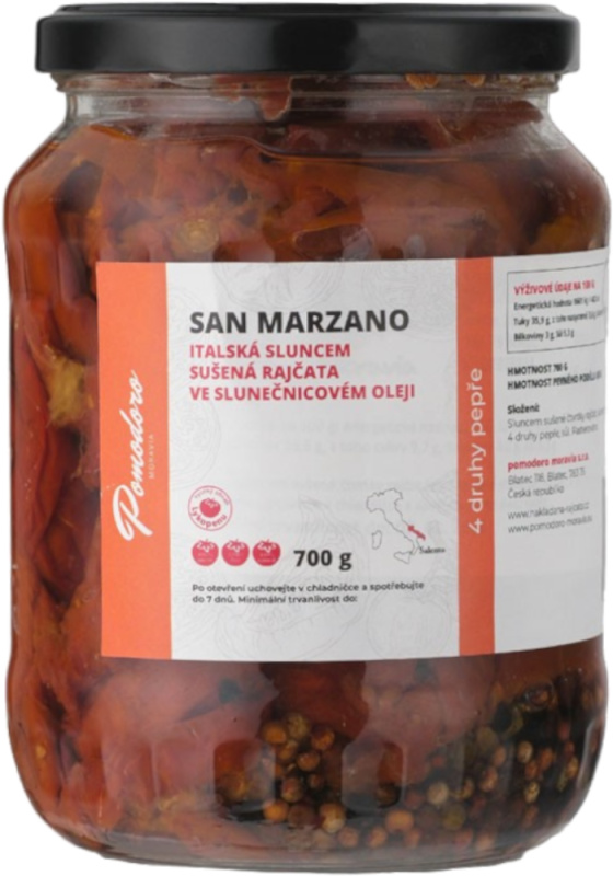 Pomodoro moravia Sušená rajčata ve slunečnicovém oleji se 4 druhy pepře Pomodoro moravia 700g