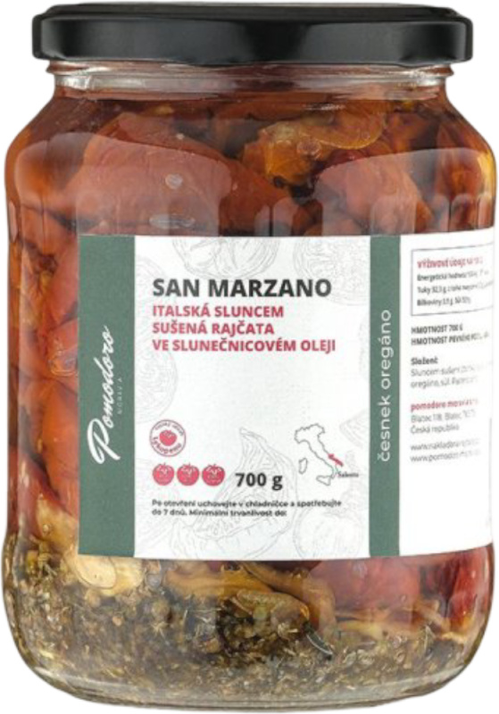Pomodoro moravia Sušená rajčata ve slunečnicovém oleji s česnekem a oregánem Pomodoro moravia 700g