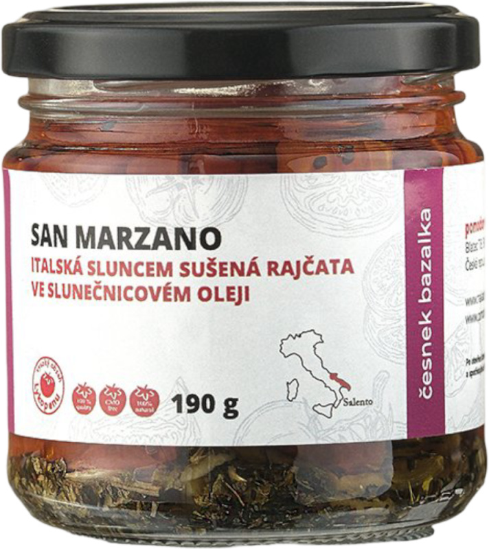 Pomodoro moravia Sušená rajčata ve slunečnicovém oleji s česnekem a bazalkou Pomodoro moravia 190g
