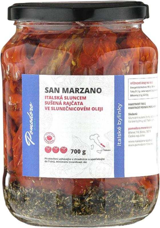 Pomodoro moravia Sušená rajčata ve slunečnicovém oleji s italským kořením Pomodoro moravia 700g