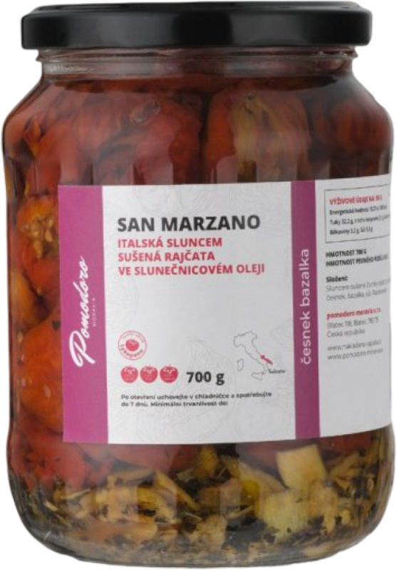 Pomodoro moravia Sušená rajčata ve slunečnicovém oleji s česnekem a bazalkou Pomodoro moravia 700g