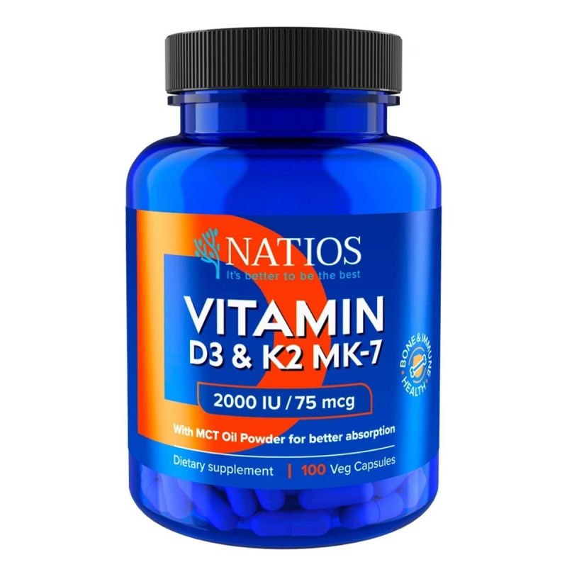 NATIOS Vitamin D3 & K2 (MenaQ7 MK-7) 2000 IU & 75 mcg 100 kapslí
