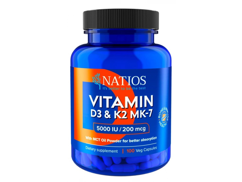 NATIOS Vitamin D3 & K2 (MenaQ7 MK-7) 5000 IU & 200 mcg 100 kapslí