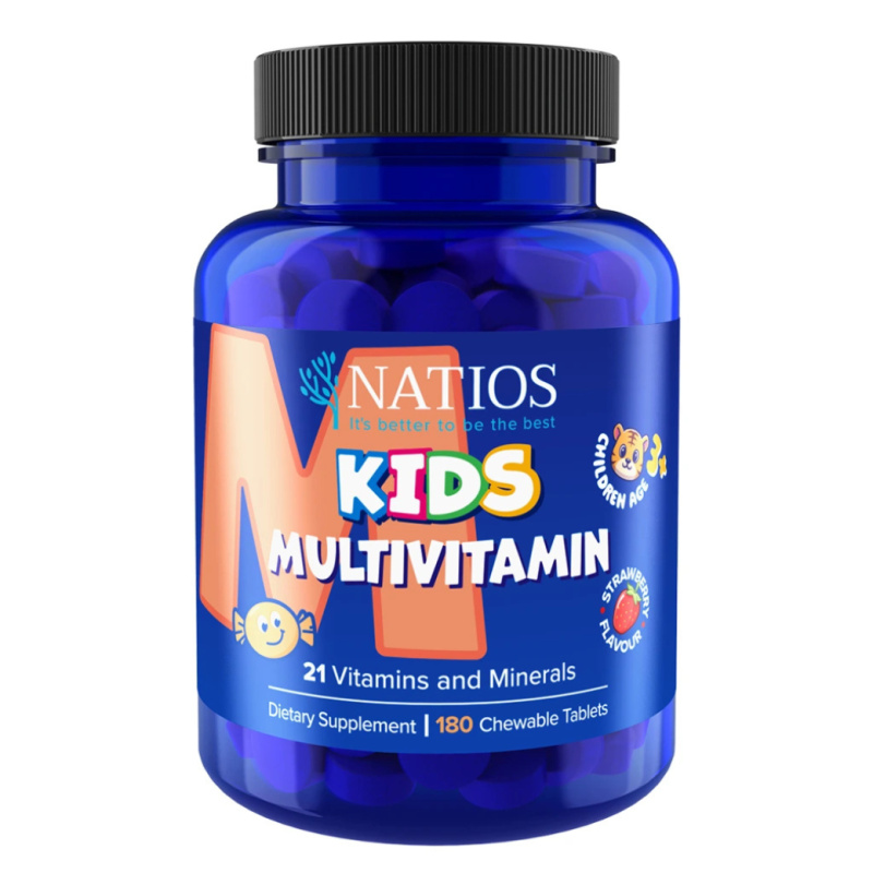 Natios Kids Multivitamin 21 vitamínů a minerálů 180 jahodových cucacích tabletek